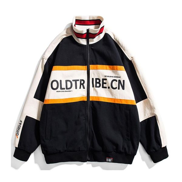 

men's jackets high street vintage varsity jacket men patchwork college style loose stand-up collar windbreaker autumn couples coats, Black;brown