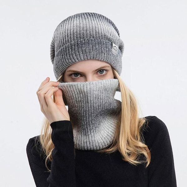 

beanies autumn and winter gradient color knitted hat cap two-piece with scarf ear protection thickened cold warm