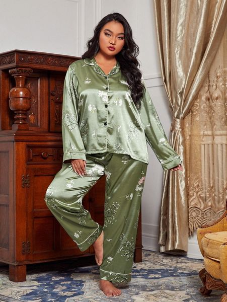 

plus floral print satin blouse & pants pj set i42t#, Black;white