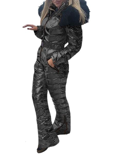 

luxury winter hooded glossy ski jumpsuits warm wet parka piece of snowsuit bontkraag jas glanzend waterproof snowborad pak, Gray