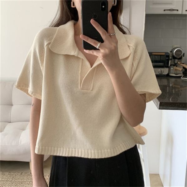 

women's tanks & camis korean style summer blouse women short sleeve turn down collar loose solid color elegant knitted ladies, White