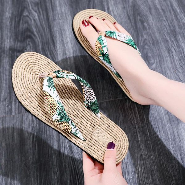 

women shoes summer floral flip flops beach sandals thongs slippers imitation rope travel flip-flops flat-bottom, Black