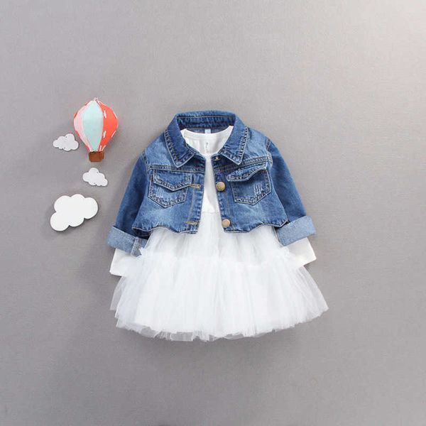 

spring autumn period baby girls dress+coat 2pcs suit children's cowboy coat 0-4 years baby cowboy gauze skirt suit kids x0902, White