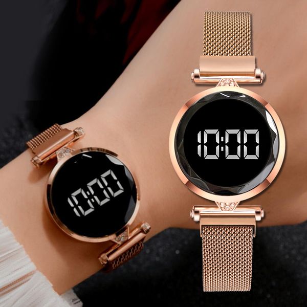 

luxury led women magnetic bracelet watches rose gold digital dress watch quartz wristwatch ladies clock relogio feminino, Slivery;brown