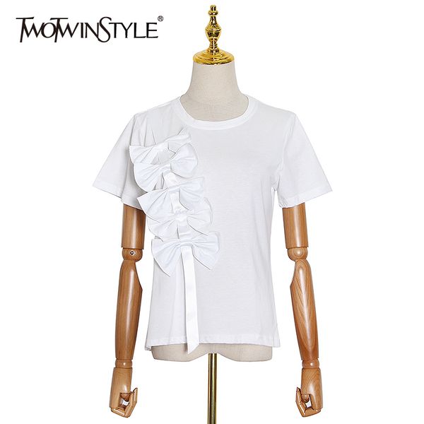 

twowinsyle minimalist bowknot white women shirt o neck short sleeve patchwork casual shirts female summer clothes 210524