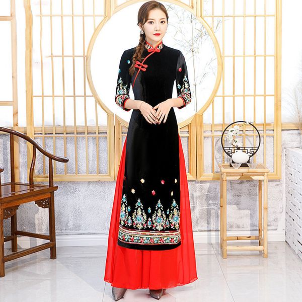 

exquisite embroidery vintage vietnam traditional ao dai gold velvet cheongsam half sleeve chinese wedding evening dress qipao, Red
