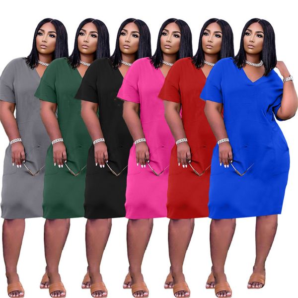 

plus size s-3xl women casual dresses fashion solid color v neck midi skirts summer clothing letter print loose short sleeve dress 4728, Black;gray