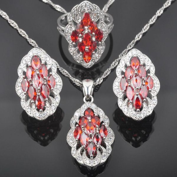 

wedding jewelry sets 2021 silver 925 for women ring earrings necklace red garnet female wholesale gift qz0507, Slivery;golden