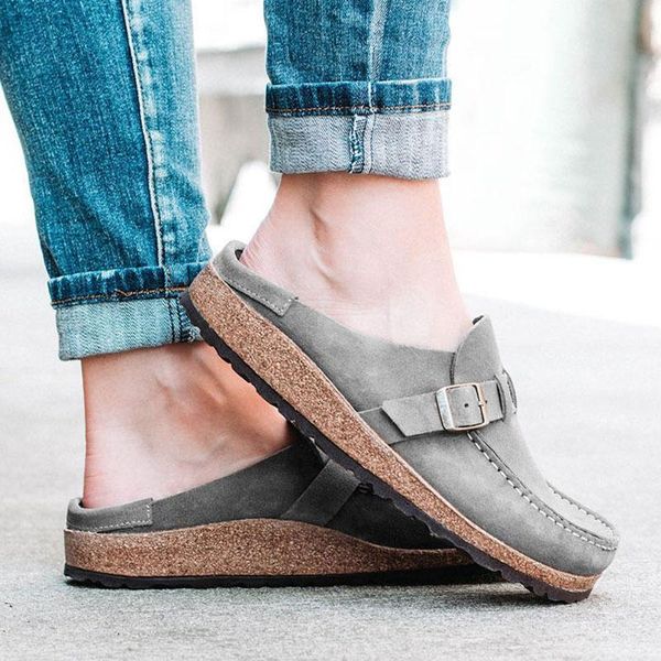 

slippers women slip on sandals 2021 summer retro casual comfy leather buckle suede ladies flat shoes soft female slipper, Black