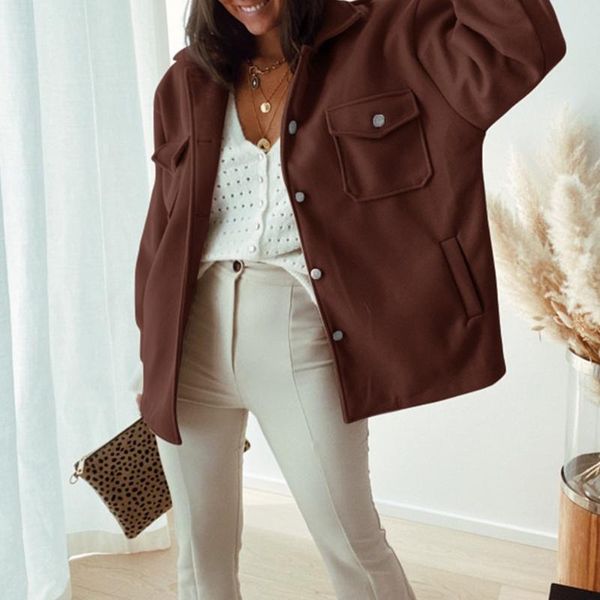 

women's wool & blends stylish solid woolen shirt jackets women fashion pockets turn-down collar short jacket chic ladies coat streetwea, Black