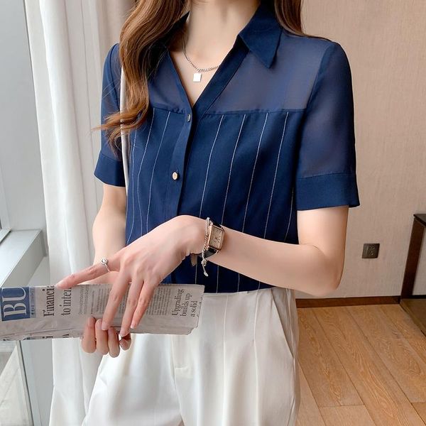 

women's blouses & shirts summer chiffon women turn-down collar blouse mesh short sleeve office lady button up shirt xxl ladies, White