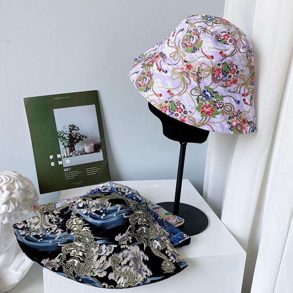

chinese style printed fisherman hat men women summer fashion sunscreen double-sided with national tide basin bucket harajuku wide brim hats, Blue;gray