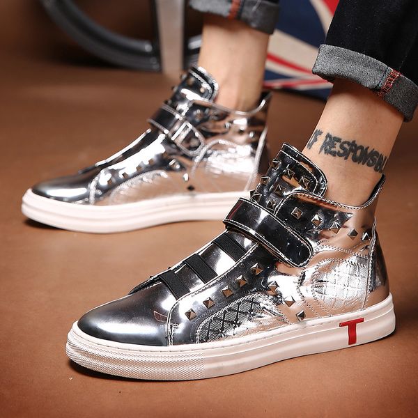 

brand autumn trending high mirror shoes for men slip on hook loop black mens casual shoes hip hop nails sneakers men