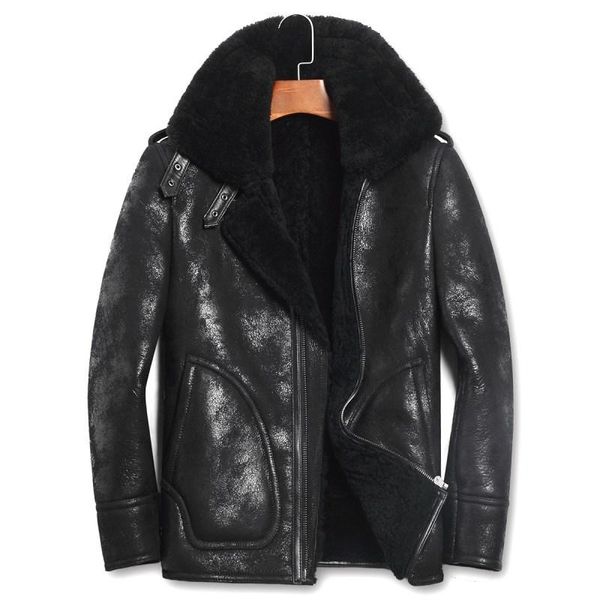 

men's leather & faux jacket real fur coat men short winter sheep shearling mens wool veste homme 156-1 yy810, Black