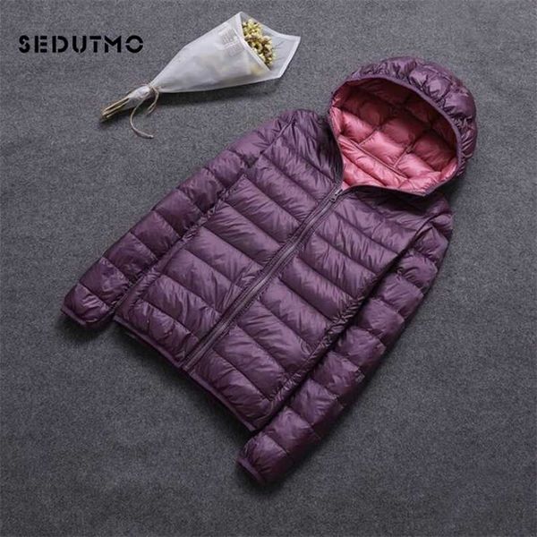 

sedutmo winter duck down coat women hooded two side wear jackets ultra light coat spring puffer jacket ed616 211007, Black