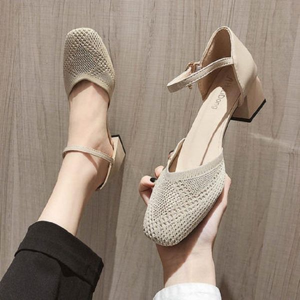 

sandals knitted breathable casual high heel women's shoes spring and summer simple versatile baotou, Black