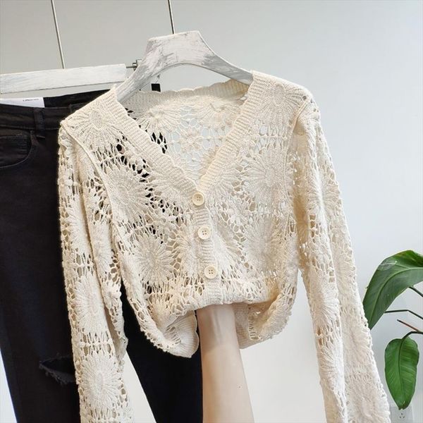 

short style cardigan women spring womens sweater autumn lace hollow out knitted crop female single breasted crochet flowers knitear, White;black