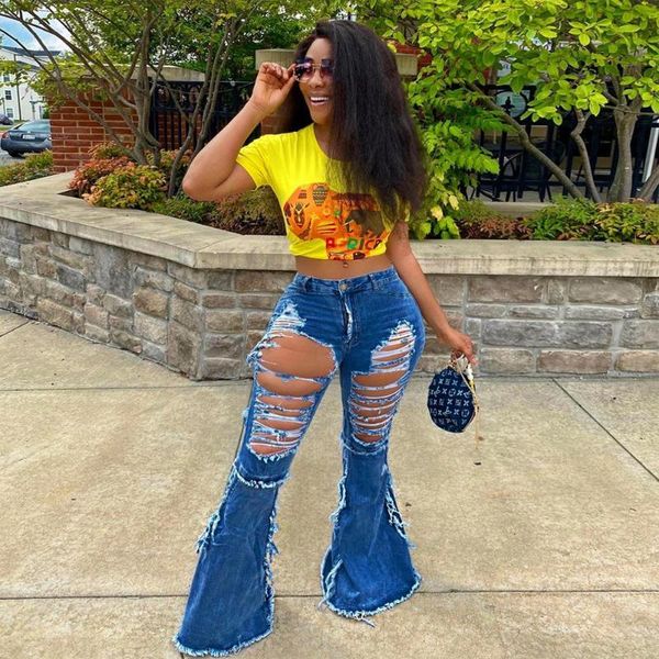 

hole ripped jeans for women scratch denim trousers pants high waisted skinny flare hollow out female s-2xl women's, Blue