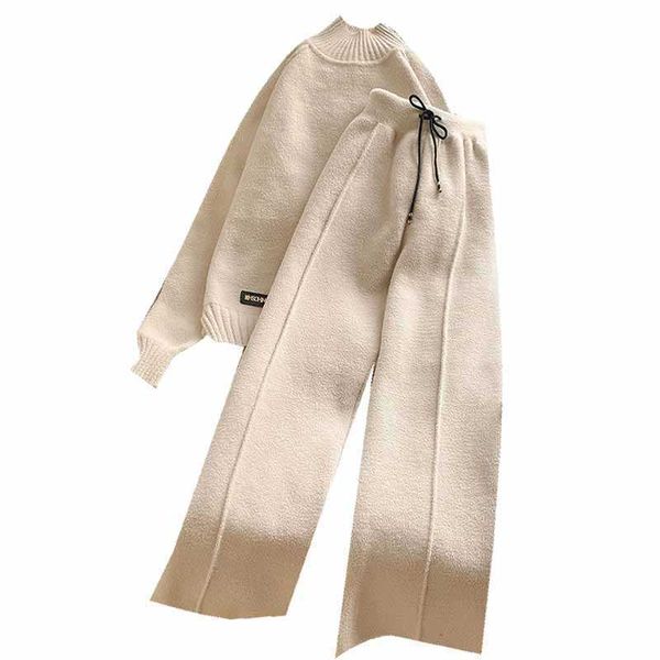 

2 pieces set women knitted suit turtleneck sweater + carrot jogging pants pullover outwear 210531, White