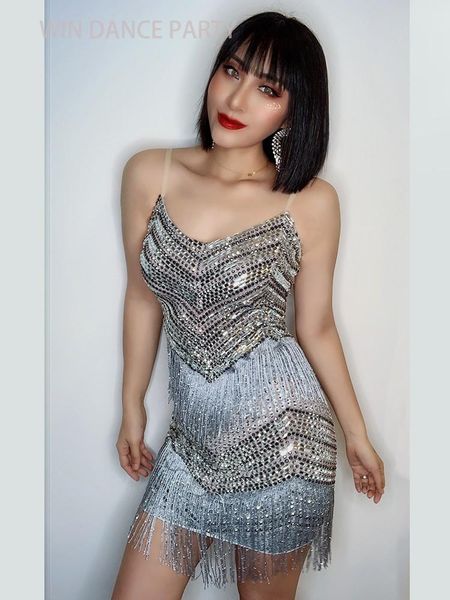 

sparkly rhinestones tassel sling short dress women birthday prom club party fringe outfit dj singer dancer latin dance costume stage wear, Black;red