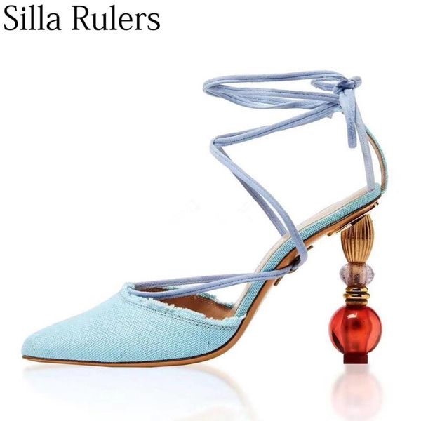 

silla rulers 2021 autumn show strange style high heel women closed toe lace up pumps lady pointed party shoes dress, Black