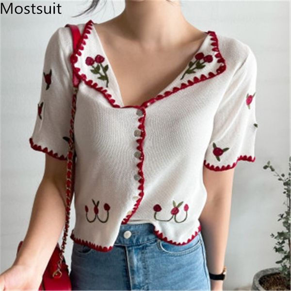 

summer floral embroidered knitted cardigan women short sleeve single breasted sweater korean elegant vintage jumpers 210514, White