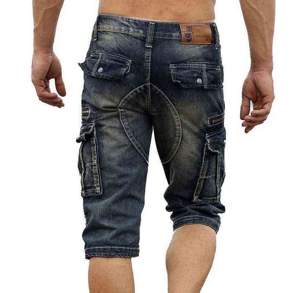 

men's fashion cargo denim shorts with multi pockets slim fit military jeans shorts for male washed h1206, White;black