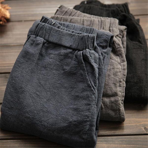

women's pants & capris oversize women elastic waist ankle casual cotton linen loose capri harem trousers female summer solid color pant, Black;white