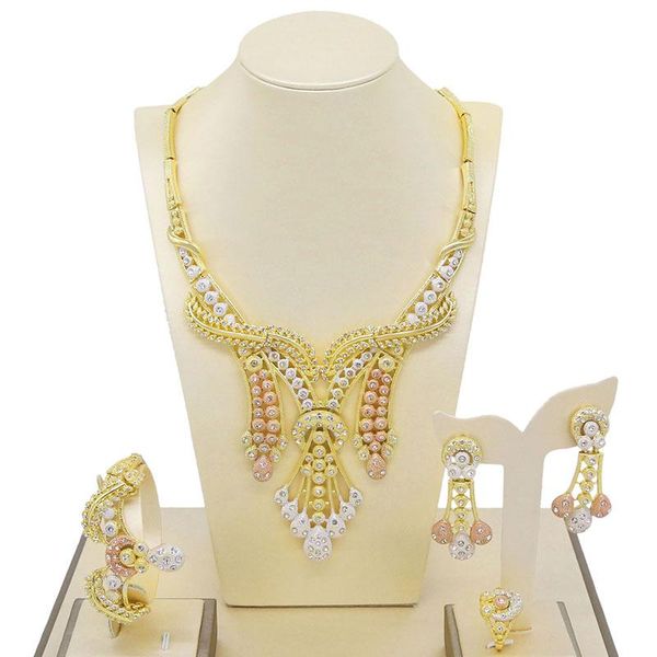 

earrings & necklace yulaili fashion dubai gold jewelry sets tricolor crystal stud bracelet ring for women wedding party gifts, Silver