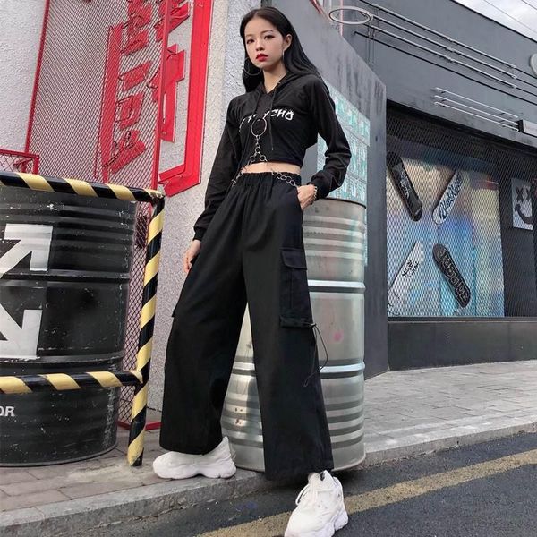 

women's pants & capris overalls cargo korean fashion loose student bf straight leg harajuku ankle banded sweatpants woman baggy, Black;white