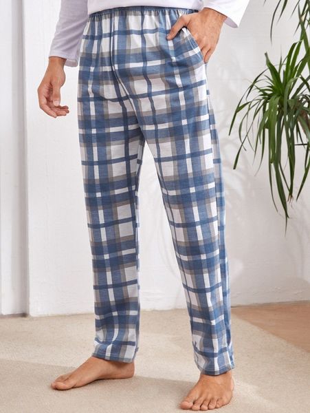

men plaid print pajama pants d673#, Black;brown