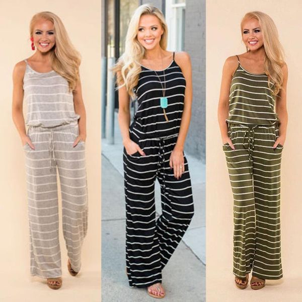 

women strappy striped jumpsuit overalls romper bib pants wide leg trousers 10-18 summer ladies casual pocket playsuit women's jumpsuits, Black;white
