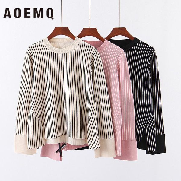 

women's sweaters aoemq shirts black striped simple shirt bow-sweater loose coffee office lady wear winter sweater women clothing, White;black