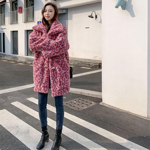 

women's fur & faux women's winter jacket women pink leopard long coat female fashion thick warm horn button xk2-91, Black