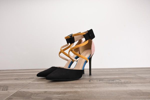 

dress shoes 2021 spring autumn women suede color-blocking cross-lace pointed high heels stiletto roman sandals casual party, Black