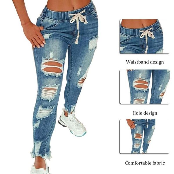 

women's jeans hole ripped denim for women 2021 drawstring high waist stretch slim trouser plus size full length casul pencil pants, Blue