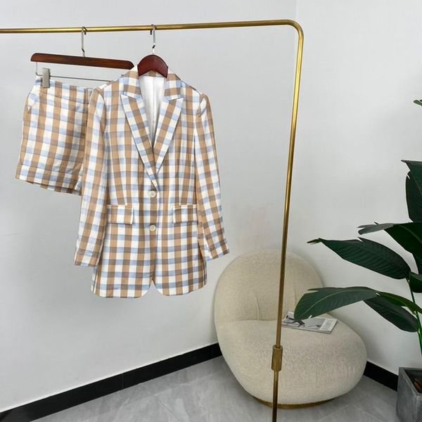 

women's tracksuits 2021 autumn women fashion high street multi plaid turndown collar long sleeve shorts suit quality, Gray