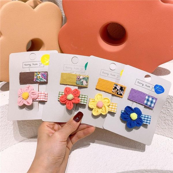 

pcs fashion children's simple cute colorful flower duckbill clip sweet girl baby plaid fabric bb hair accessories, Slivery;white