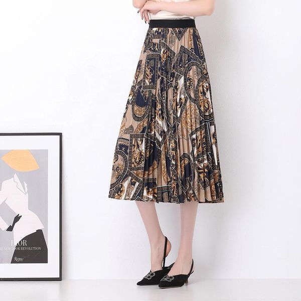 

skirts 2021 summer korean elastic high waist slim retro casual all-match plus size women a-line pleated long skirt, Black