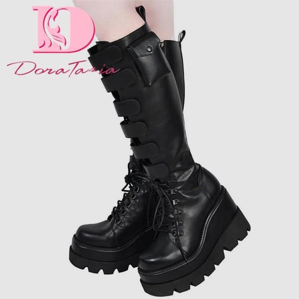 

boots big size 43 brand ins ladies punk thigh high buckle thick bottom women stylish street platform shoes woman, Black