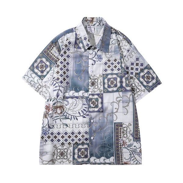 

men's casual shirts reteo cashew short sleeve print shirts japanese couple oversize casual summer hawaiian shirt hip hop loose, White;black