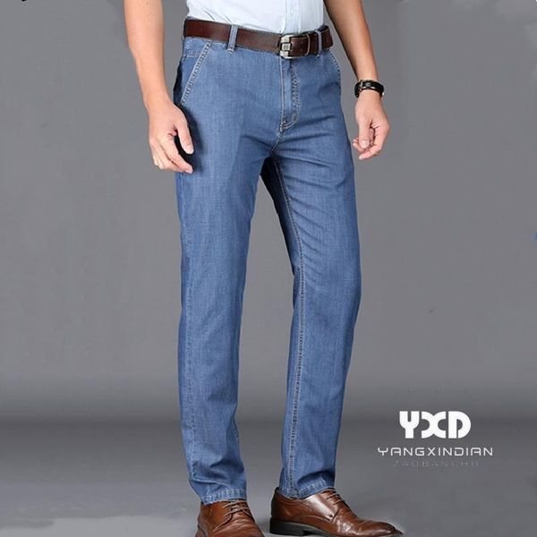 

men's jeans 2021 men stretch male classic elasticity business fashion comfortable solid slim straight long denim pants, Blue