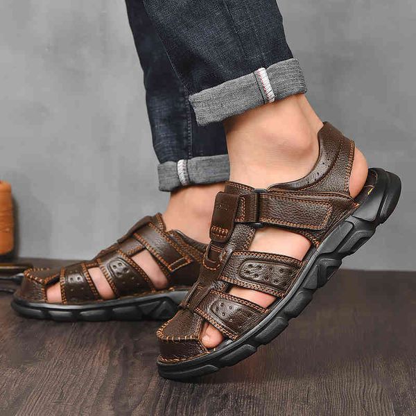 

slippers fashion men beach sandals 2021 summer genuine leather shoes for flat non-slip outdoor walking shoes male sandalias man e5lh, Black