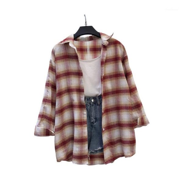

fashion women plaid shirt chic oversized checked blouse long sleeve female casual print shirts loose cotton blusas women's blouses &, White