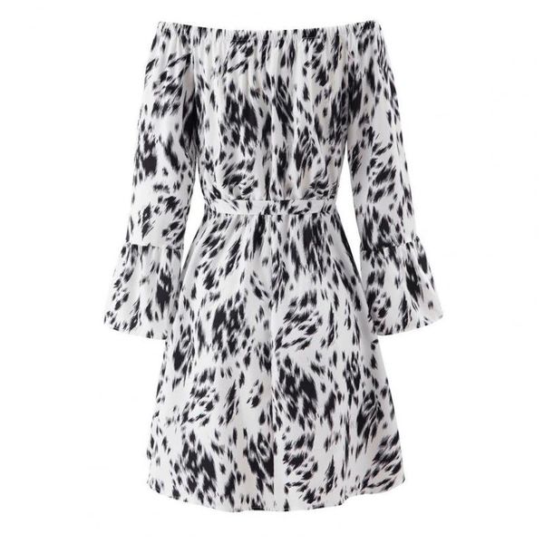 

casual dresses summer ladies dress flare sleeve printing off shoulder high waist elegant for party clothes, Black;gray