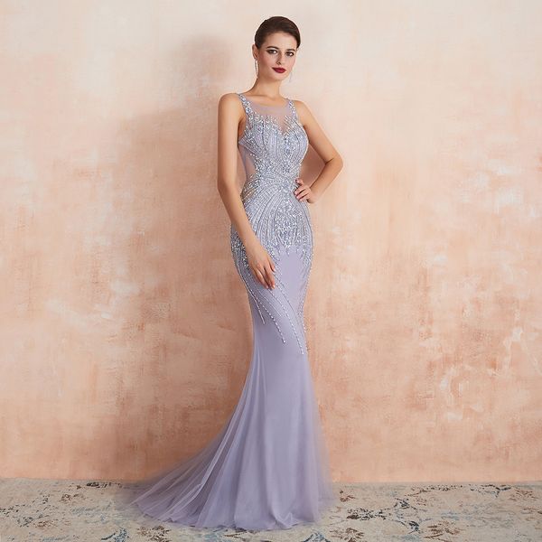 

luxury beaded crystal evening dresses sheer neck lavender mermaid formal prom gowns for women sleeveless, Black