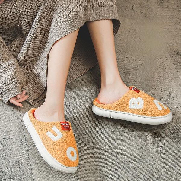 

slippers fashion winter women alphabet series home cotton shoes warm soft plush slipper female bedroom couples men floor slides, Black