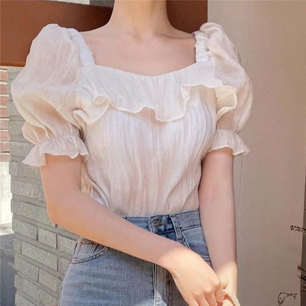 

women's blouses & shirts limiguyue korean style women blusas chic fairy short puff sleeve sweet pleated chifffon elegant ruffled blouse, White