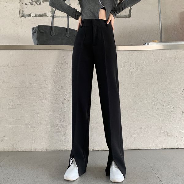 Harajuku брюки передняя вилка широкогазовый костюм женщин свободно высокая талия прямая ствол с повседневными брюками 829C 210420