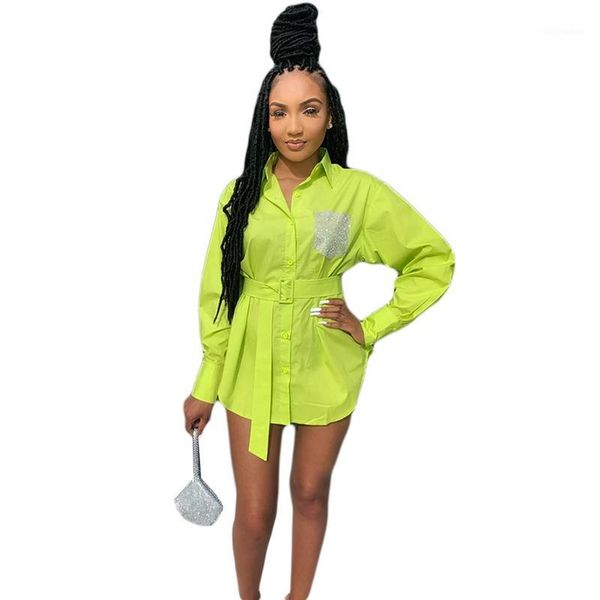 

casual dresses neon long sleeve shirt dress women spring summer elegant button down with belt ladies mini a line party, Black;gray